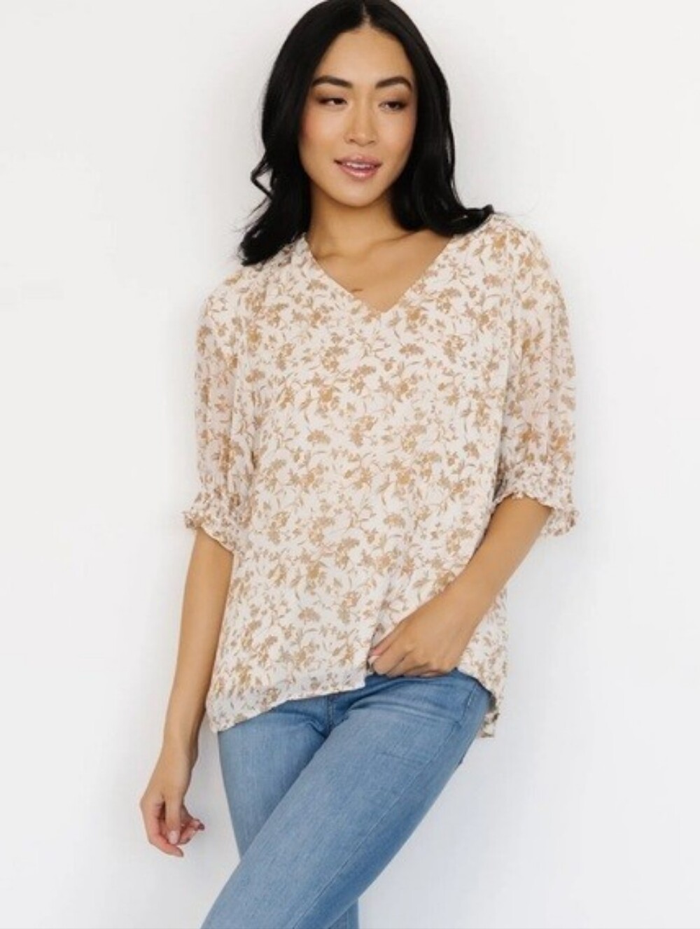 Baltic Born Cordova Cream Floral Chiffon Blouse V-Neck Puff Sleeve Size L